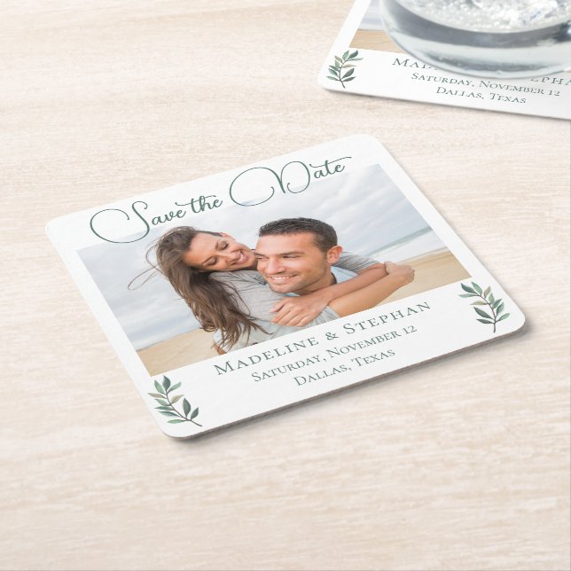 Elegant Eucalyptus Leaf Photo Save the Date Square Paper Coaster (Angled)