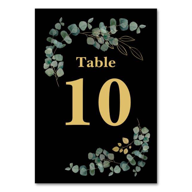Elegant Eucalyptus Leaves Faux Gold Table Number (Front)