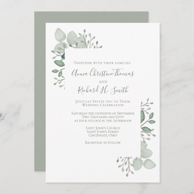 Elegant Eucalyptus Leaves Greenery Foliage Invitation (Front/Back)