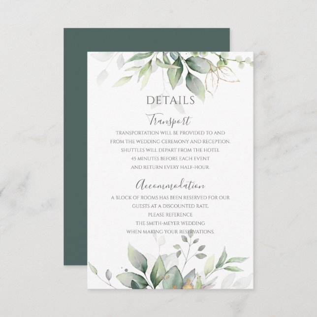 Elegant Eucalyptus Leaves Greenery Gold Wedding Enclosure Card (Front/Back)