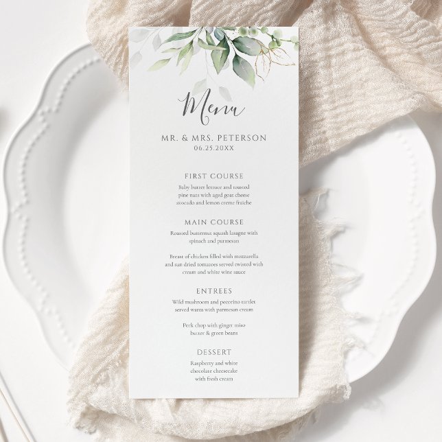 Elegant Eucalyptus Leaves Greenery Gold Wedding Menu (Creator Uploaded)