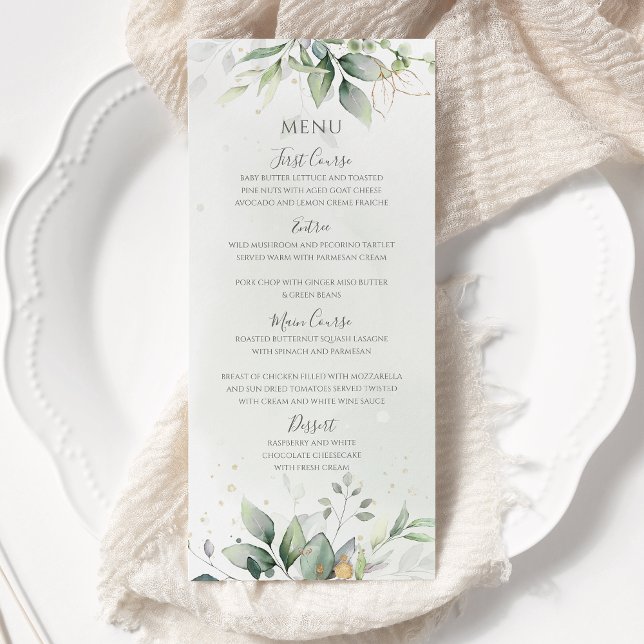 Elegant Eucalyptus Leaves Greenery Gold Wedding Menu (Creator Uploaded)