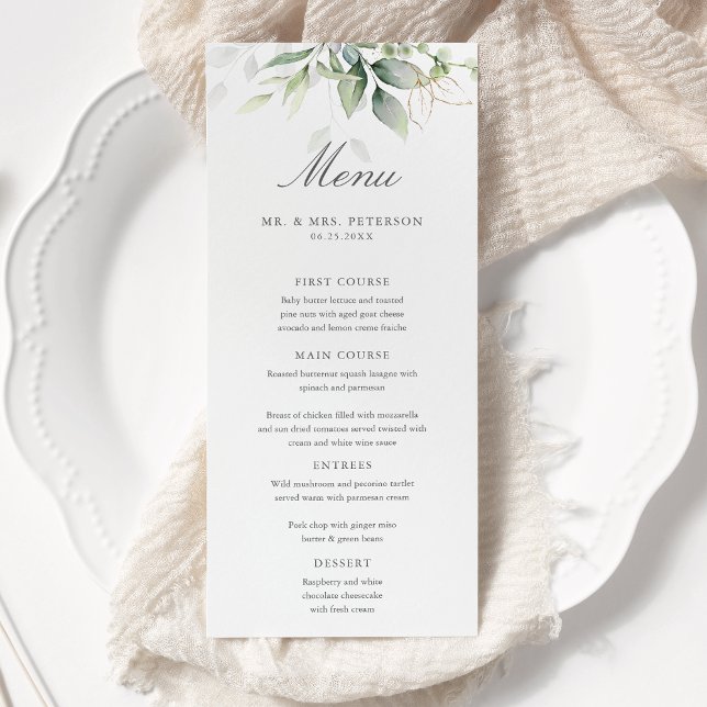 Elegant Eucalyptus Leaves Greenery Gold Wedding  Menu (Creator Uploaded)