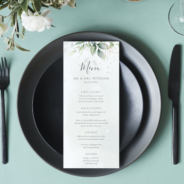 Elegant Eucalyptus Leaves Greenery Gold Wedding Menu (Creator Uploaded)