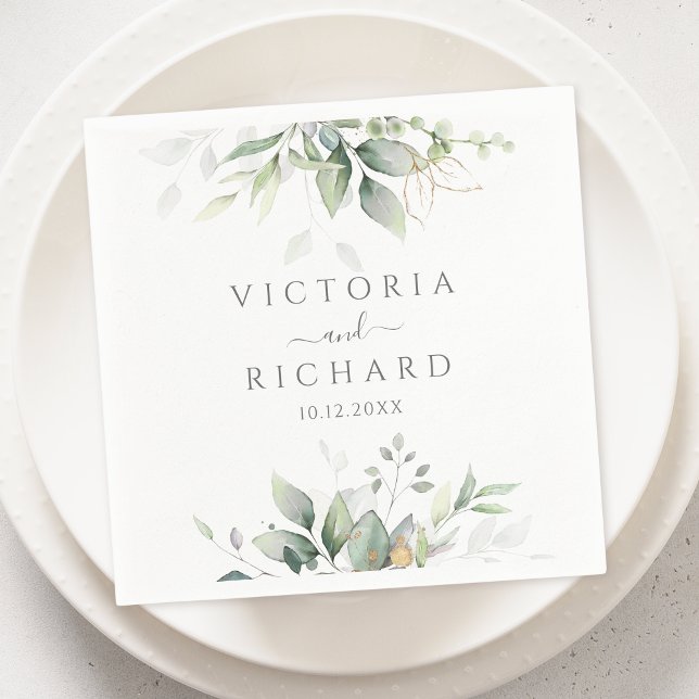 Elegant Eucalyptus Leaves Greenery Gold Wedding Napkin (Creator Uploaded)
