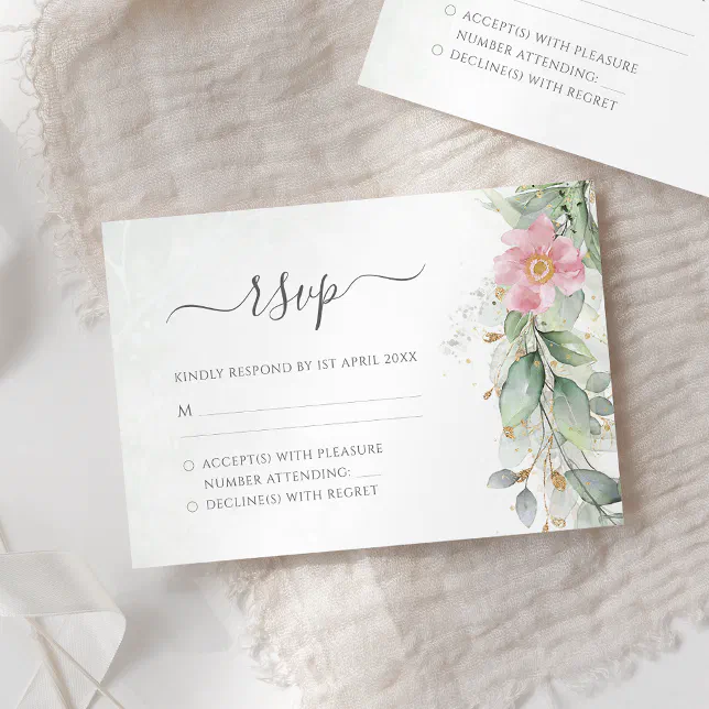 Elegant Eucalyptus Leaves Greenery Gold Wedding RSVP Card | Zazzle