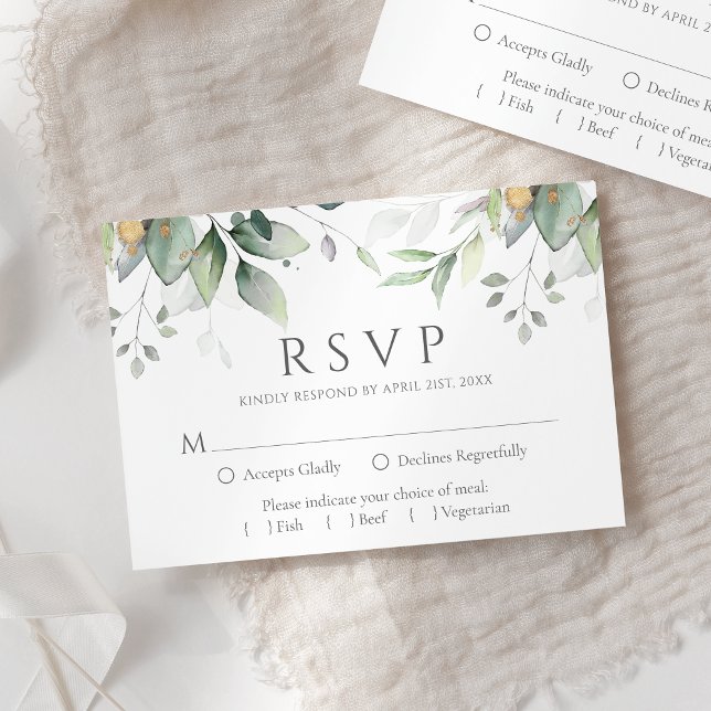 Elegant Eucalyptus Leaves Greenery Gold Wedding RSVP Card (Creator Uploaded)