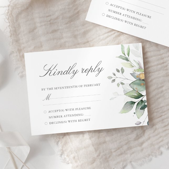 Elegant Eucalyptus Leaves Greenery Gold Wedding RSVP Card (Creator Uploaded)