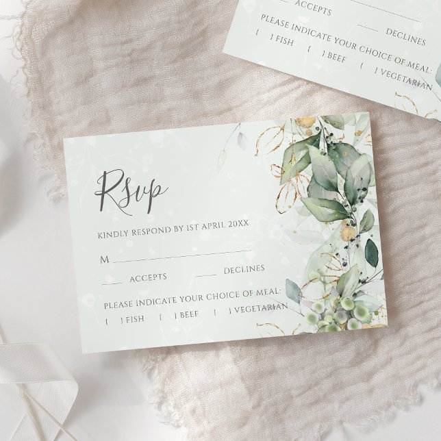 Elegant Eucalyptus Leaves Greenery Gold Wedding RSVP Card (Creator Uploaded)