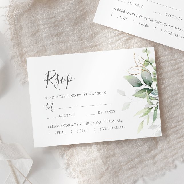 Elegant Eucalyptus Leaves Greenery Gold Wedding RSVP Card (Creator Uploaded)