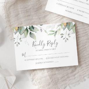 Elegant Eucalyptus Leaves Greenery Gold Wedding RSVP Card
