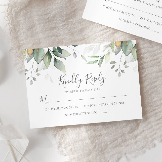 Elegant Eucalyptus Leaves Greenery Gold Wedding RSVP Card (Creator Uploaded)