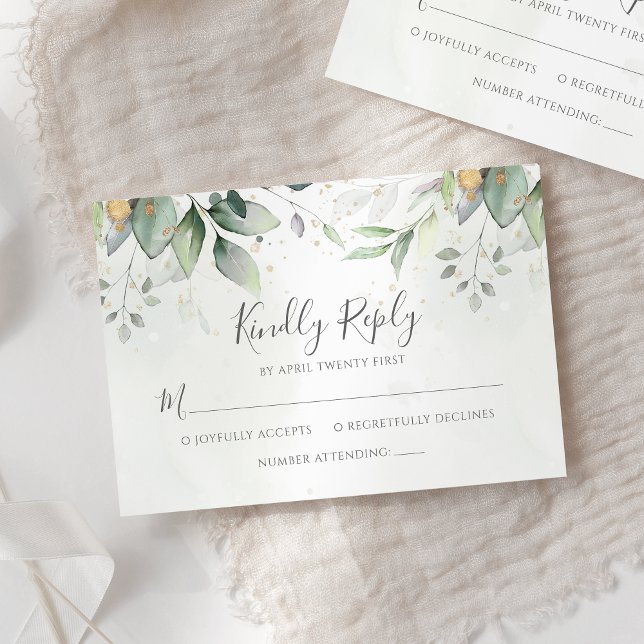 Elegant Eucalyptus Leaves Greenery Gold Wedding RSVP Card (Creator Uploaded)