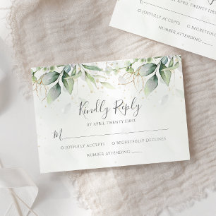 Elegant Eucalyptus Leaves Greenery Gold Wedding RSVP Card