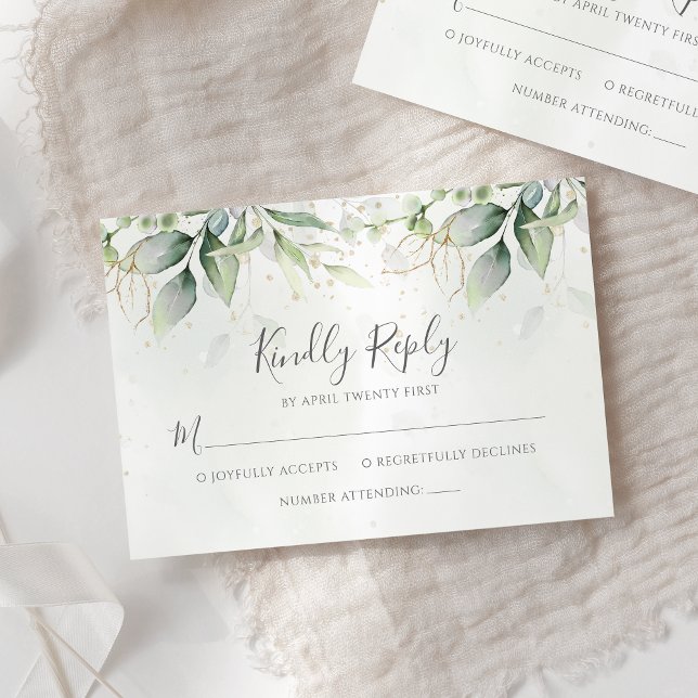 Elegant Eucalyptus Leaves Greenery Gold Wedding RSVP Card (Creator Uploaded)