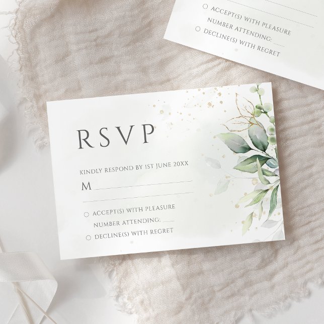 Elegant Eucalyptus Leaves Greenery Gold Wedding RSVP Card (Creator Uploaded)