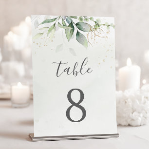 Elegant Eucalyptus Leaves Greenery Gold Wedding Table Number