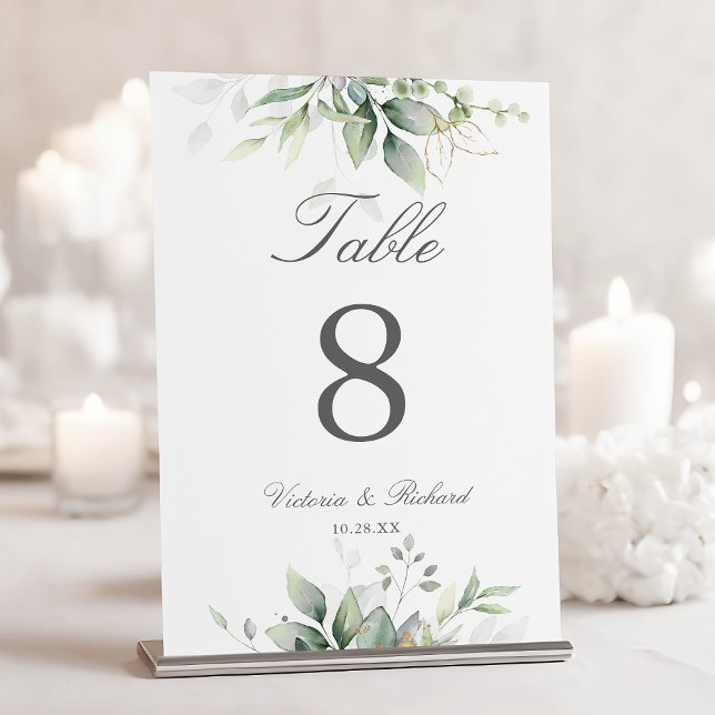Elegant Eucalyptus Leaves Greenery Gold Wedding  Table Number (Creator Uploaded)