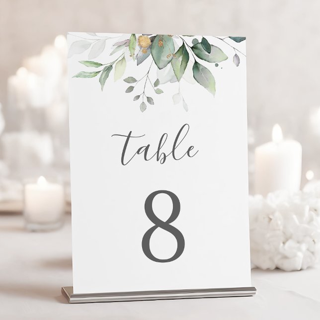 Elegant Eucalyptus Leaves Greenery Gold Wedding Table Number (Creator Uploaded)