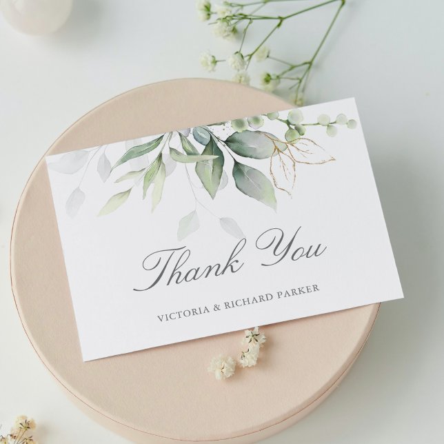 Elegant Eucalyptus Leaves Greenery Gold Wedding Thank You Card (Creator Uploaded)