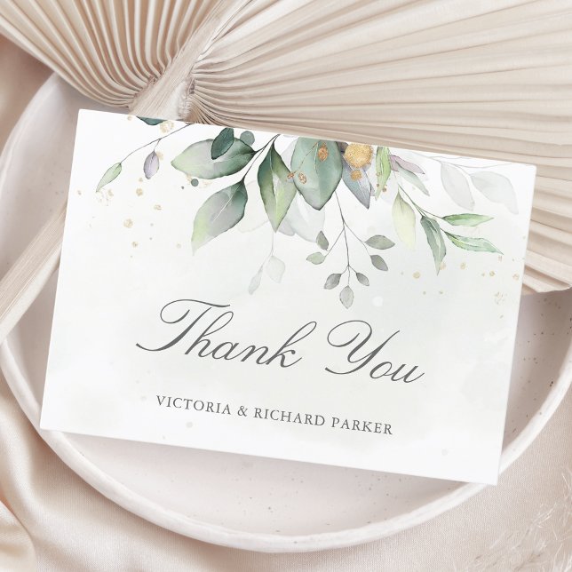 Elegant Eucalyptus Leaves Greenery Gold Wedding Thank You Card (Creator Uploaded)