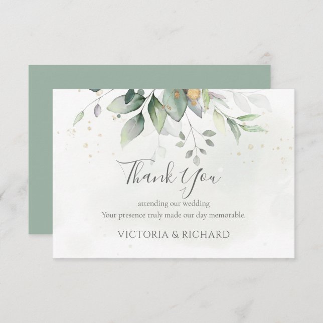 Elegant Eucalyptus Leaves Greenery Gold Wedding Thank You Card (Front/Back)