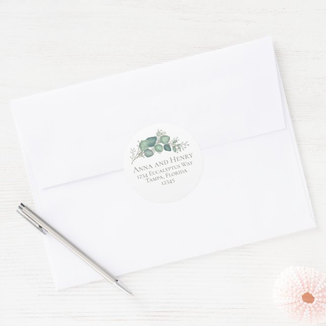 Elegant Eucalyptus Leaves Greenery Return Address Classic Round Sticker (Envelope)