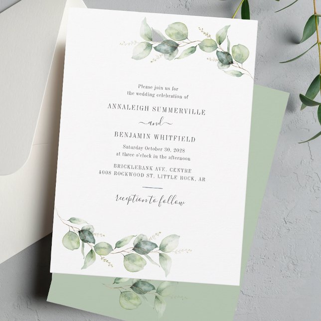 Elegant Eucalyptus Leaves Greenery Rustic Wedding Invitation (Eucalyptus Greenery Watercolor Wedding Invitation)