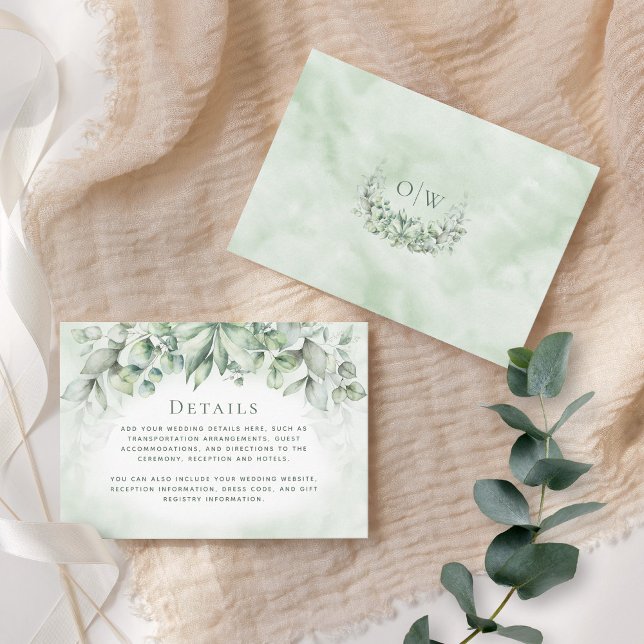 Elegant Eucalyptus Leaves Monogram Wedding Details Enclosure Card (Creator Uploaded)