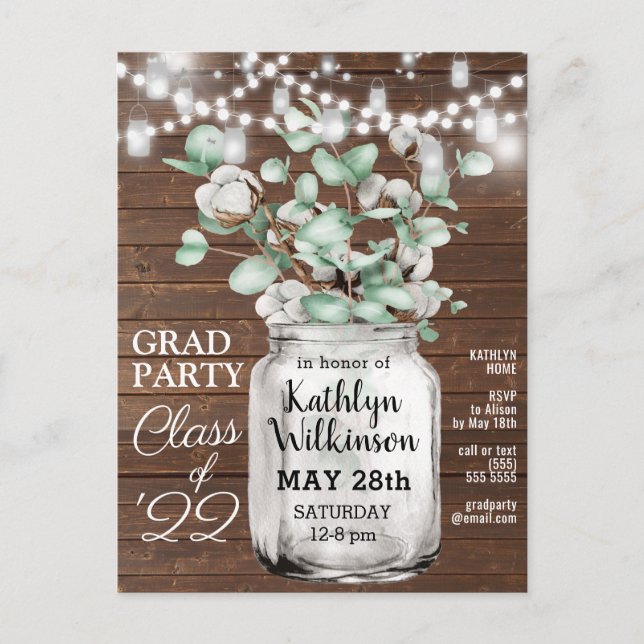 Elegant Eucalyptus Mason Jar GRAD Photo Invitation Postcard (Front)