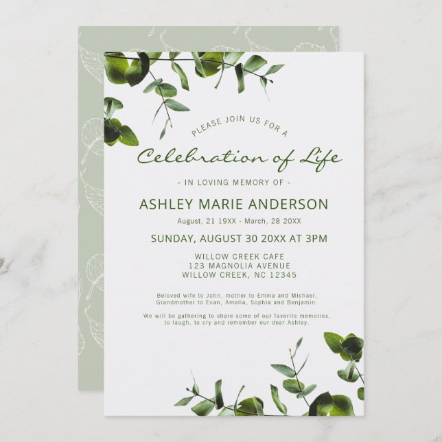 Elegant Eucalyptus Memorial Celebration Of Life Invitation (Front/Back)