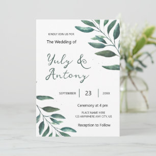Elegant Eucalyptus Minimalist Botanical White Invitation