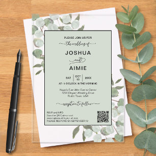 Elegant Eucalyptus Modern QR Code Wedding Acrylic Invitations