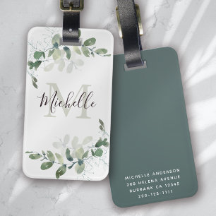 Elegant Eucalyptus Monogram Script Name  Luggage Tag