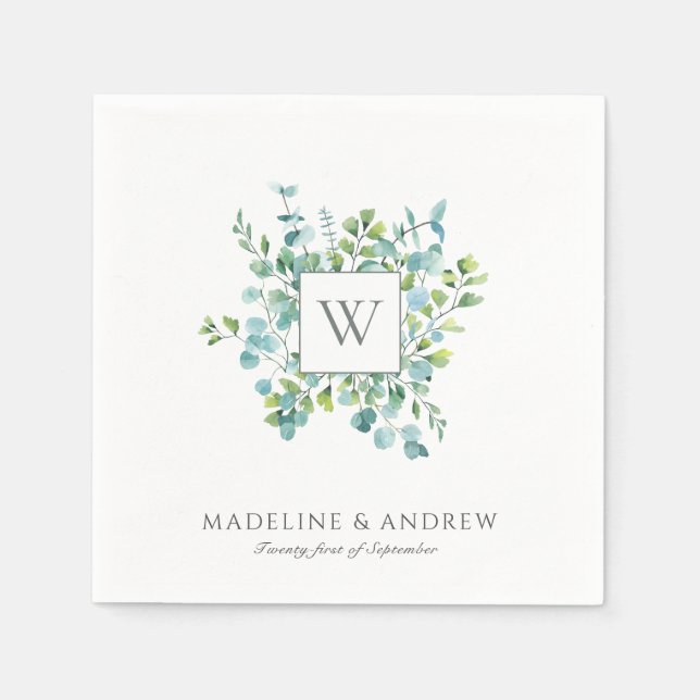 Elegant Eucalyptus Monogram Wedding Napkin (Front)