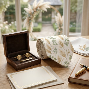 Elegant Eucalyptus & Pampas Grass Neutral Boho Tie