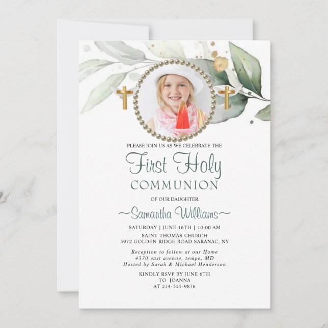 Elegant Eucalyptus Photo First Communion Invitation (Front)