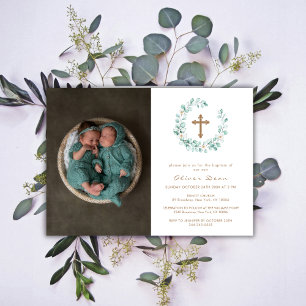 Elegant Eucalyptus Photo Gold Cross Baptism   Invitation
