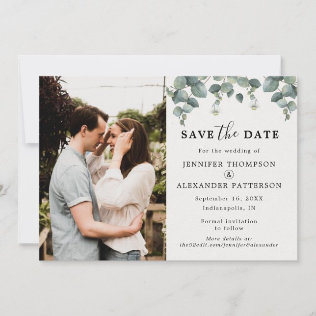 Elegant Eucalyptus Photo Save The Date (Front)