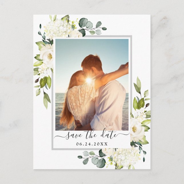 Elegant Eucalyptus PHOTO Wedding Save the Date Postcard (Front)