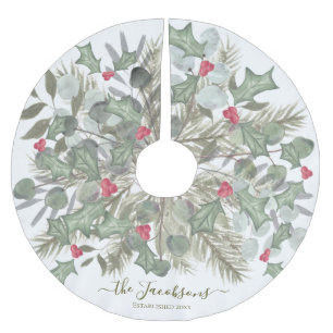 Elegant Eucalyptus Pine and Holly Christmas Brushed Polyester Tree Skirt