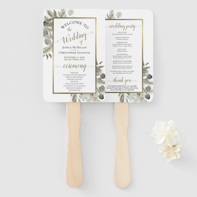 Elegant Eucalyptus & Pine Budget Wedding Program Hand Fan (Front and Back)