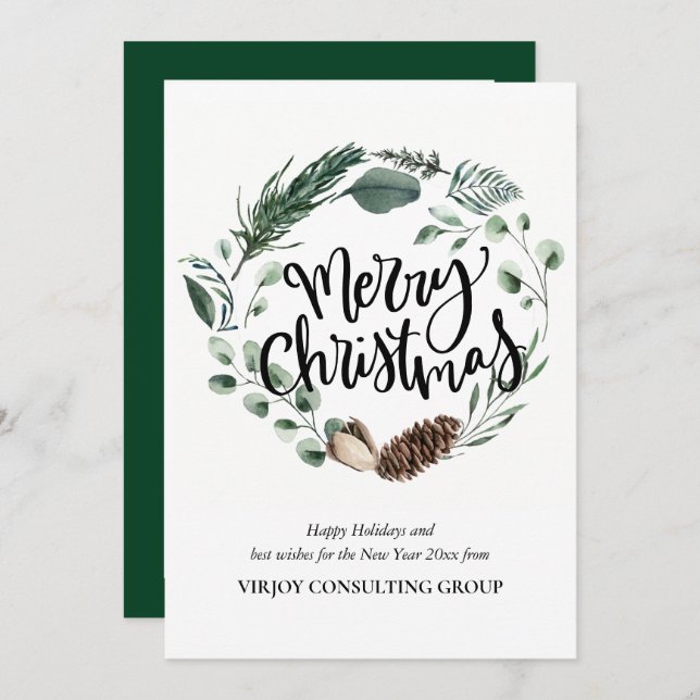 Elegant Eucalyptus Pine Foliage Wreath Business Holiday Card (Front/Back)