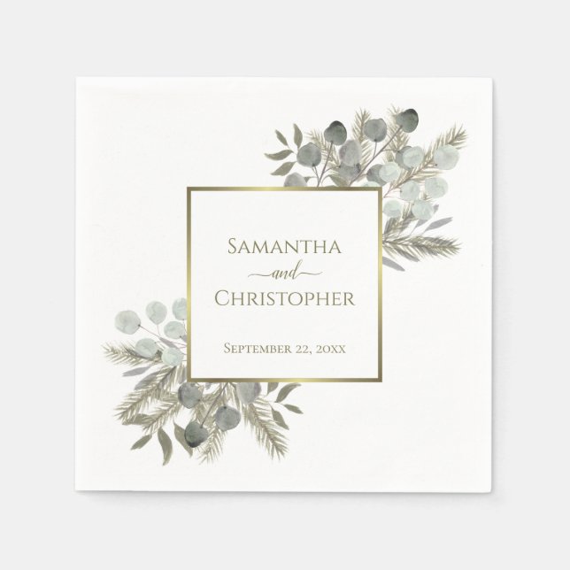Elegant Eucalyptus & Pine Gold & Sage Wedding Napkin (Front)