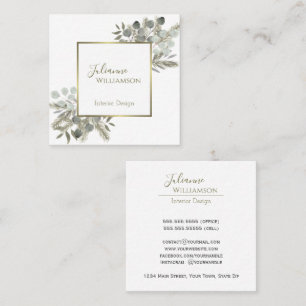 Elegant Eucalyptus & Pine Sage Green & Gold Square Business Card