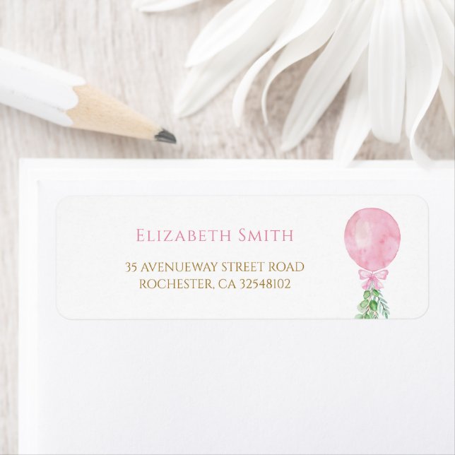 Elegant Eucalyptus Pink Balloon Return Address  Return Address Label (Insitu)