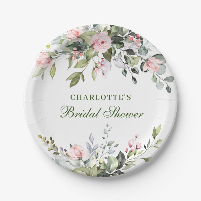 Elegant Eucalyptus Pink Blush Roses Bridal Shower Paper Plate (Front)