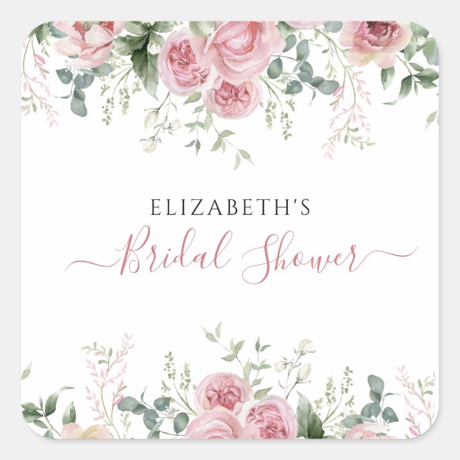 Elegant Eucalyptus & Pink Roses Invite Square Sticker (Front)