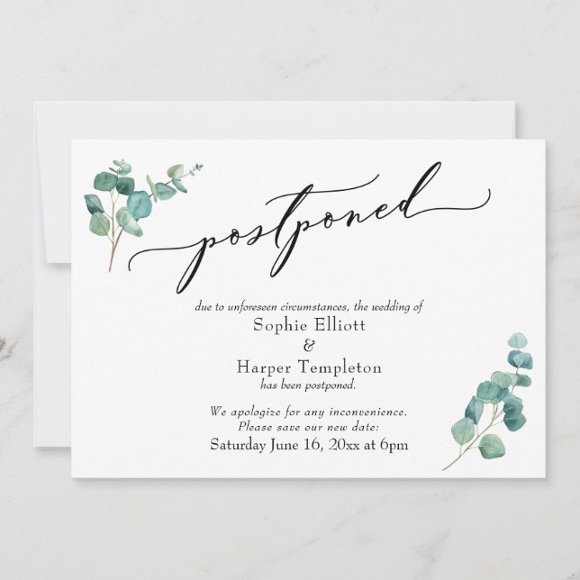 Elegant Eucalyptus Postponed Wedding Announcement (Front)