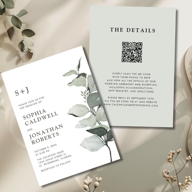Elegant Eucalyptus QR Code Sage Wedding Invitation (Elegant Eucalyptus QR Code Sage Wedding Invitation)